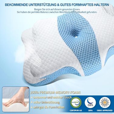 Подушки з піни з ефектом пам&39яті, шийна подушка для полегшення болю в шиї та плечах, ергономічна контурна подушка для ліжка, м&39яка для сну на боці, на животі та на спині, Hellblau