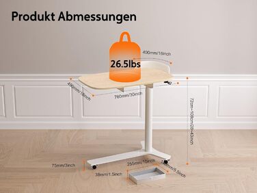 С-подібний журнальний столик, регульований по висоті з колесами, мобільний стіл з шухлядами, невеликий столик для ноутбука з регульованою висотою, пневматичний стоячий стіл для дивана, ліжка, вітальні, дуб, 75 x 45 см