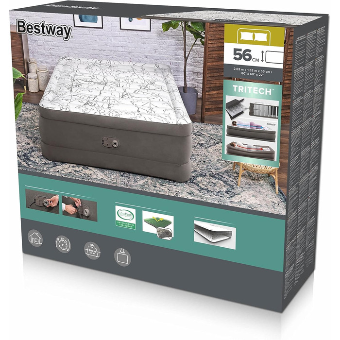 Модний флок надувного ліжка Bestway TriTech з вбудованим електричним насосом Double XL/Hi 203 x 152 x 56 см