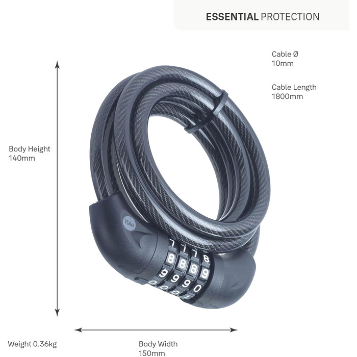 Замок тросовий комбінований Essential Security, Schwarz Basic надійний захист з кодовим замком, 140 мм