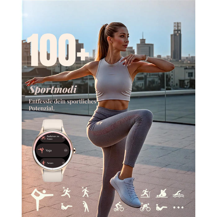 Жіночий смарт-годинник TOOBUR, круглий, 40 мм, крокомір та фітнес-годинник для щоденного використання, понад 100 спортивних режимів, елегантний жіночий смарт-годинник, сумісний з Android/iOS, функція телефону з дзвінками, водонепроникний IP68, бежевий