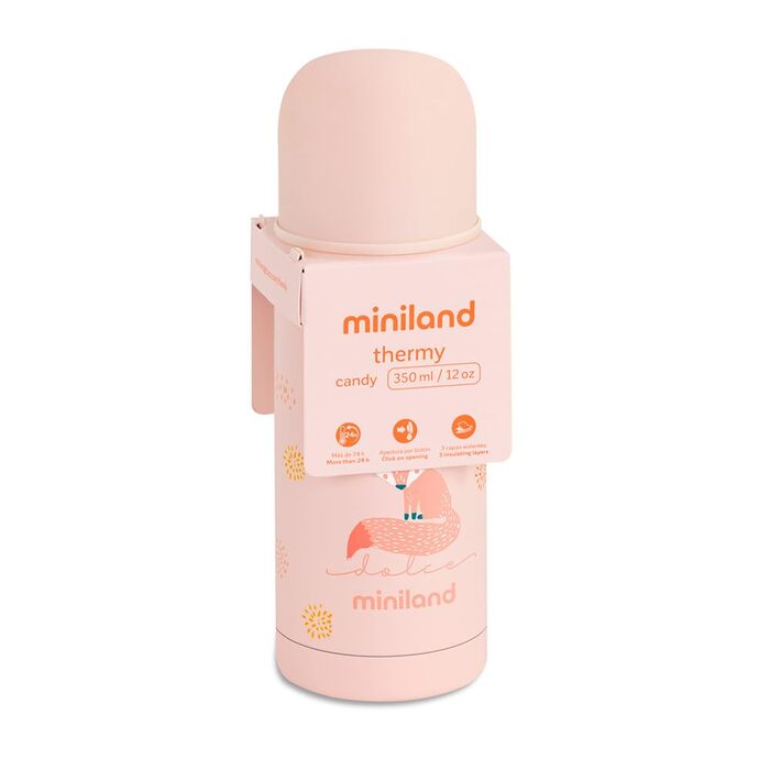 Термопляшка Miniland Thermy 350 мл Candy з нержавіючої сталі для рідин, 350 мл, зберігає гарячі та холодні напої холодними понад 24 години. Candy 350 мл