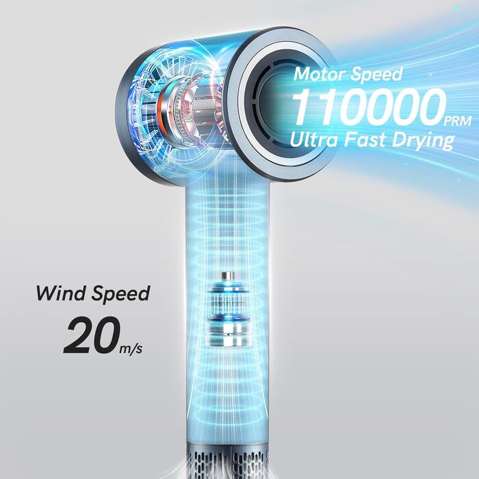 Фен акумуляторний, іонний акумуляторний фен Фен з двигуном 110 000 об/хв, фен з 4 режимами зарядки і магнітною насадкою, дорожній