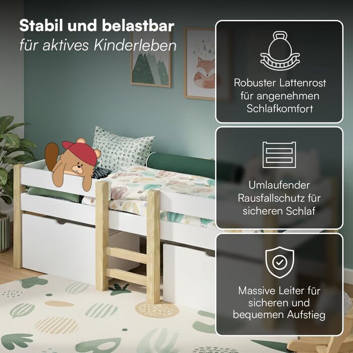 Дитяче ліжко Bellabino Aspy 90x200 см Ліжко-горище з 2 шухлядами, поручнями та рейковою основою Ліжко середнього класу з драбиною з масиву сосни білого/натурального кольору Дитяче ліжко з місцем для зберігання (матрац не входить до комплекту) Біле - з шух