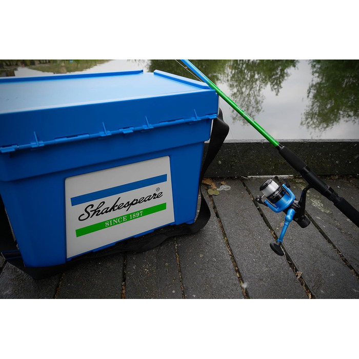Коробка для сидіння Shakespeare дуже водостійка, велика місткість для зберігання снастей подвійний механізм блокування, надзвичайно глибока кришка для солоної та прісної води, синій колір