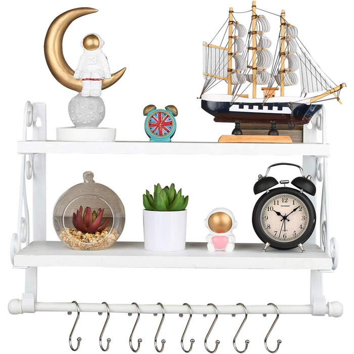 Дерев&39яна настінна полиця, плаваюча полиця, підвісна полиця, 2-рівнева полиця для спецій, кухонна полиця, органайзер для настінних полиць, полиця для ванної кімнати з 8 знімними гачками для ванної кімнати, вітальні, коридору, біла