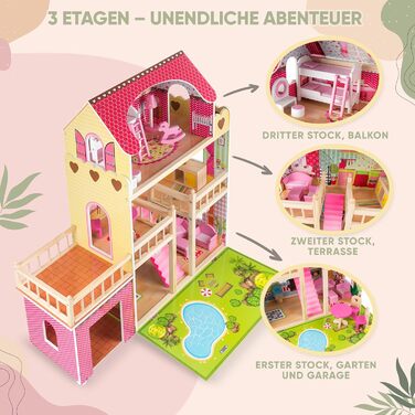 Дерев&39яний ляльковий будиночок Kinderplay Велика 3-поверхова вілла з гаражем та садом Світлодіодне освітлення, 17 предметів меблів Для дітей від 3 років, Ляльки до 30 см 90 см заввишки, Рожевий