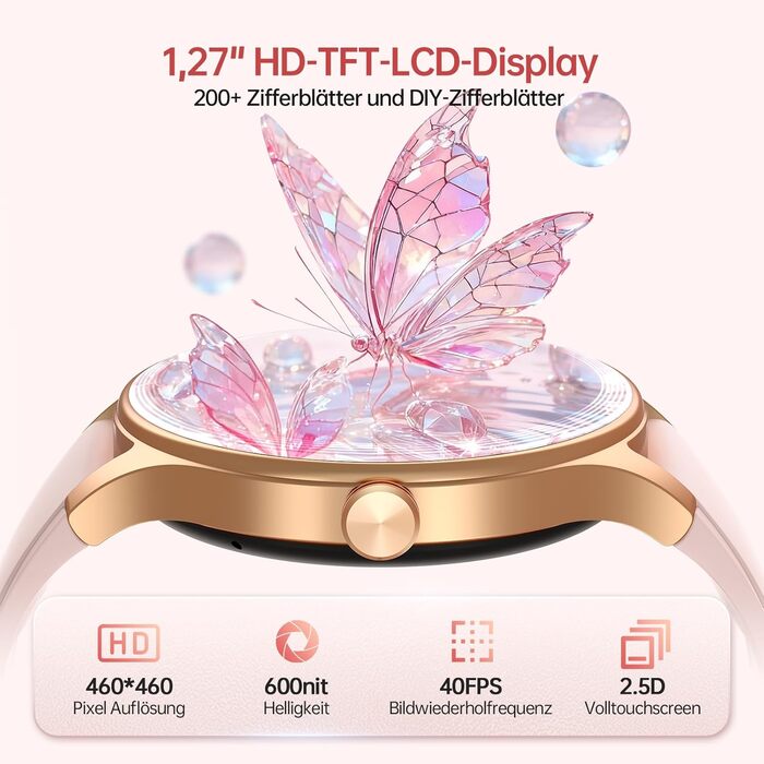 Розумний годинник для жінок та чоловіків, круглий (2 ремінці), 1,27-дюймовий сенсорний HD-екран, 40-мм розумний годинник з функцією телефону/голосовим помічником зі штучним інтелектом, 120 спортивних режимів, фітнес-трекер з серцевим ритмом, SpO2, рожевий