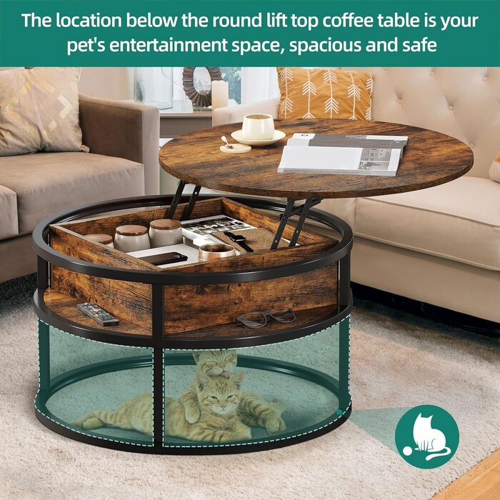 Круглий журнальний столик з підйомною стільницею, стіл для вітальні з прихованим відділенням для зберігання, круглий бічний столик з місцем для зберігання для домашнього офісу, круглий центральний стіл для вітальні 80x80x47 см коричневого кольору