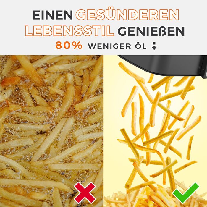 Фритюрниця IKAR Cube XXL 7 л сімейного розміру, фритюрниця 10-в-1, фритюрниця без олії, фритюрниця з сенсорним дисплеєм, можна мити в посудомийній машині, тиха, 4-6 порцій, нержавіюча сталь чорна