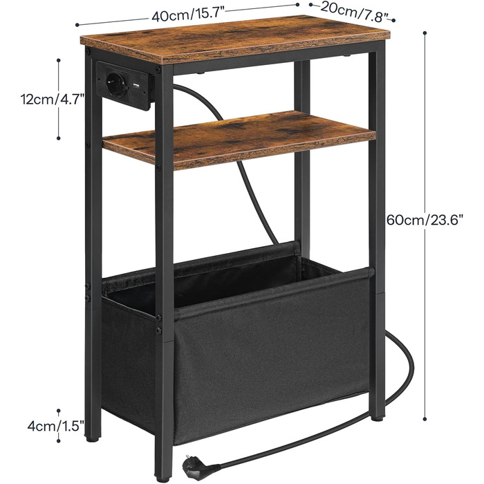 Журнальний столик HOOBRO із зарядною станцією, тумбочка з місцем для зберігання, диван-столик з розеткою та USB-портами, для невеликих приміщень, спалень, віталень, рустикальний коричневий та чорний EBF125CBZ01 темно-коричневий чорний