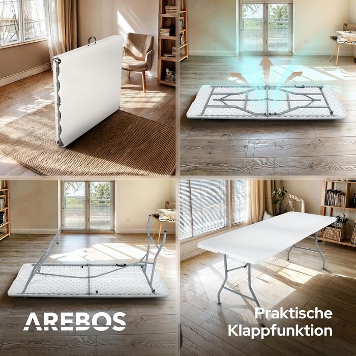 Складаний фуршетний стіл Arebos 182 x 74 x 74 см, водонепроникний садовий стіл, вечірній стіл, розкладний стіл для саду, патіо та балкону 8 осіб Кемпінговий стіл з ручкою для перенесення Білий