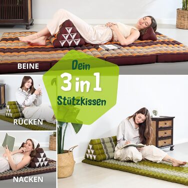 Візерунчаста подушка для спини livasia - 30x50x30 см - Трикутна подушка для саду, клиноподібна подушка з капоком, веганська та ручної роботи, подушка для медитації (зелена)