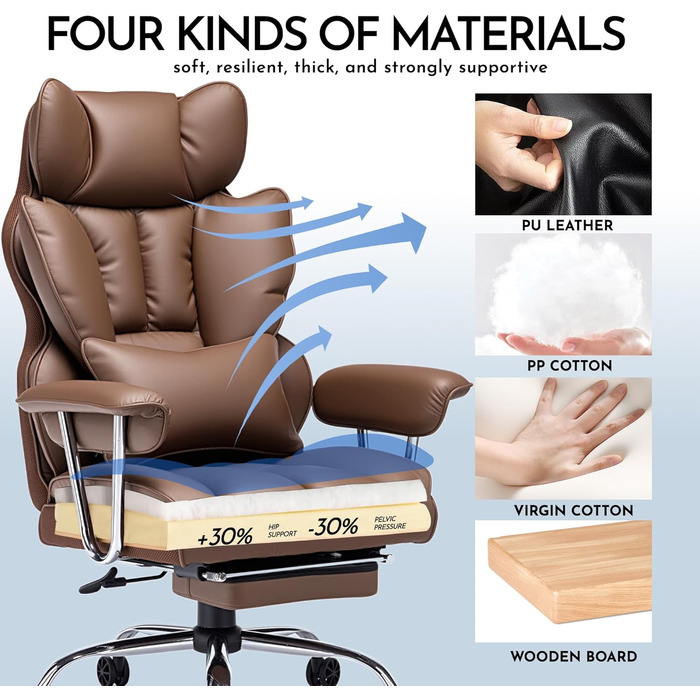 Ергономічне офісне крісло Efomao, крісло керівника зі штучної шкіри, офісне крісло вантажопідйомністю 200 кг з підставкою для ніг та поперековою опорою, регульоване крісло з високою спинкою, колір Brown De Brown