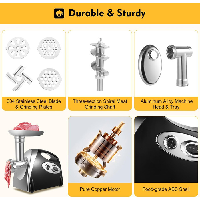 М'ясорубка електрична з нержавіючої сталі, м'ясорубка 800W 190R/m, машина для фаршу з 3 подрібнювальними пластинами і трубками для