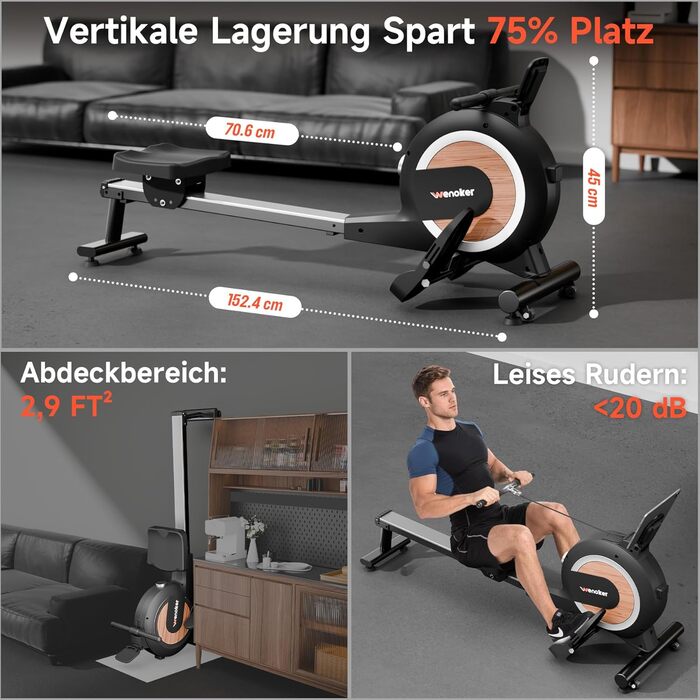 Гребний тренажер Wenoker з магнітним фітнес-тренажером, домашній гребний тренажер з 32 рівнями опору та ексклюзивним додатком, тренажерний зал для приміщень, кардіотренажер, вантажопідйомність 160 кг з РК-монітором H310F