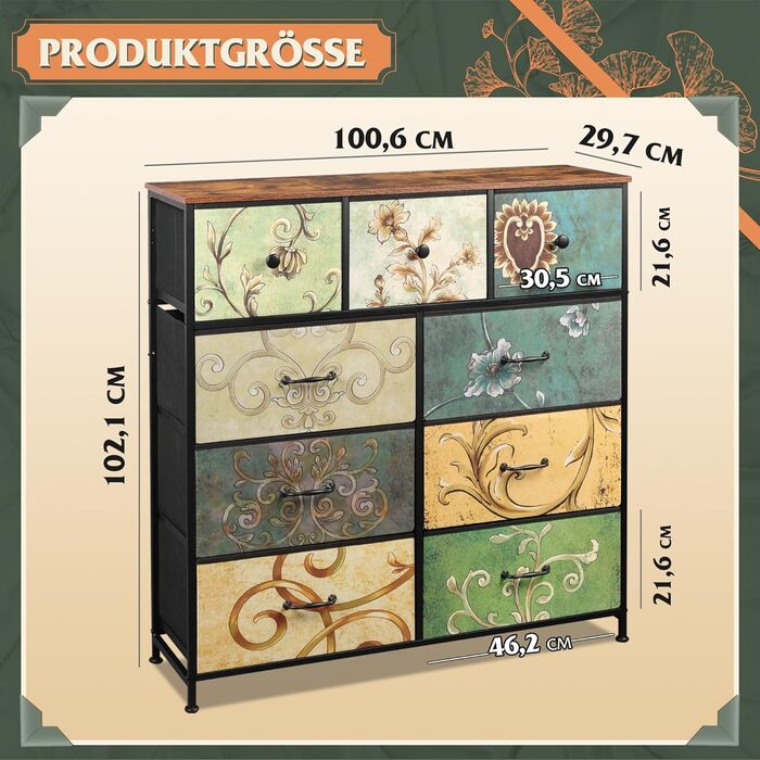 Комод WLIVE з 9 шухлядами з тканини, комод для спальні, комод для вітальні, з міцним сталевим каркасом, вінтажний принт