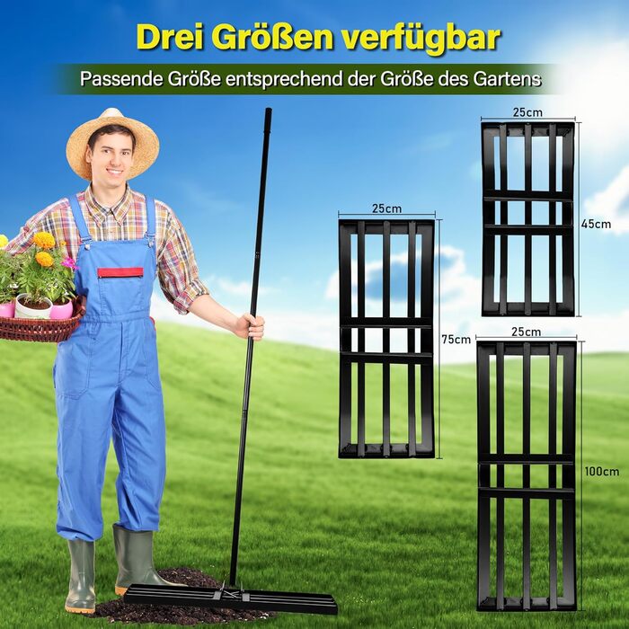 Гребінь для вирівнювання газону Garten L 2026, покращений, з нержавіючої сталі, з оптимізованим різьбовим зєднанням для запобігання ослабленню, регульований, для ґрунту, землі, догляду за газоном та ландшафтного дизайну 4525 см