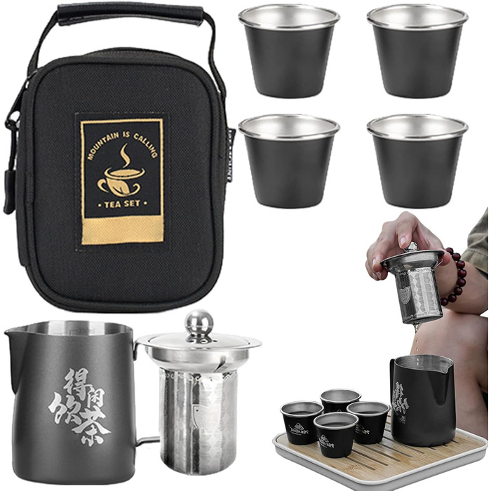 Універсальний набір для чаювання в дорозі, китайський чайний сервіз чайник та чашки з нержавіючої сталі Портативний набір для чаювання в стилі кунг-фу з сумкою для подорожей, для дому, активного відпочинку, походів з рюкзаком, кемпінгу та піших прогулянок