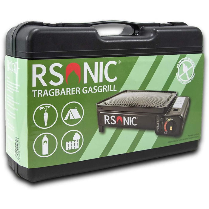 Портативний газовий гриль Rsonic на бутані з решіткою для гриля та пластиною для гриля, включаючи футляр для перенесення, кемпінговий гриль, картриджний гриль, портативний, чорний, безкоштовний освіжувач повітря Clearfee