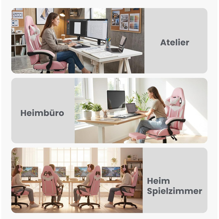 Ергономічне ігрове крісло з функцією масажу та підставкою для ніг регульоване по висоті, підтримка голови та попереку, поворот на 360, вантажопідйомність 150 кг, рожево-білого кольору. Рожево-білий 116,5 x 52,0 x 64,5 см