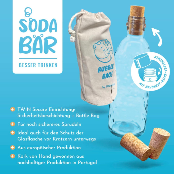 Байонетна пробка для скляних пляшок для виробника газованої води (MySoda, Mitte, SodaStream Gemini & Max та багато інших) у ретро вигляді 0,75 л з TWIN SECURE Екологічна альтернатива