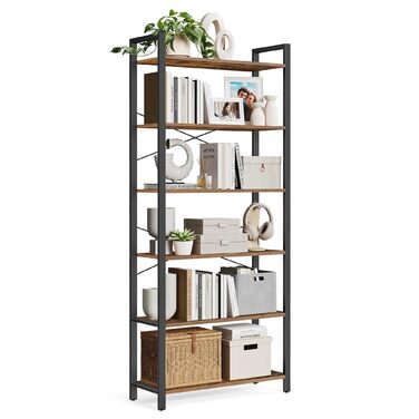Полиця, книжкова шафа, полиця для стоячого монтажу, полиця для DVD, з 6 полицями, офісна полиця, відкриті полиці, для офісу, вітальні, спальні, кухні, 30 x 78 x 185,5 см, вінтажний коричневий-чорний LLS082B01 30 x 80 x 186 см Вінтажний коричневий чорний