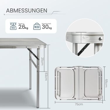 Складаний кемпінговий стіл Homecall 75 x 55 x 63/25 см, регульована по висоті алюмінієва, складна, стільниця з МДФ, витримує вагу до 30 кг, підходить для саду, пікніка, пляжу, балкону, кухні, 75 x 55 x 63 см