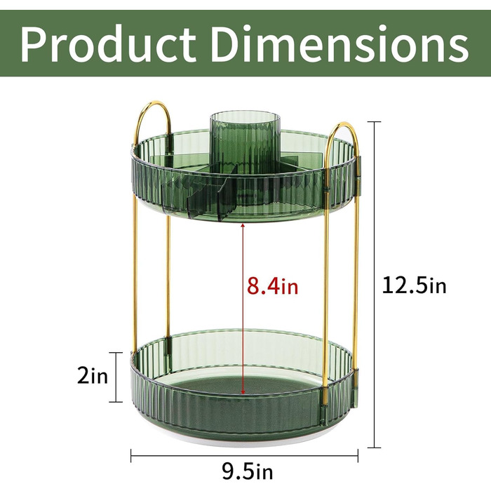 Органайзер для макіяжу CYIAMJLU, обертовий на 360 органайзер для парфумерії та макіяжу, догляду за шкірою, туалетного приладдя тощо Багатофункціональна стійка-органайзер для комода, спальні, вітальні (зелений, 2 яруси)