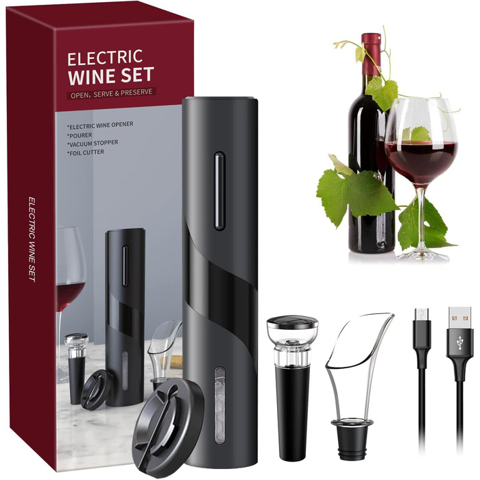 Електричний набір відкривачів для винних пляшок, акумуляторний електричний штопор, автоматичний відкривач для вина Відкривачка для пляшок з різаком для фольги, вакуумна пробка та наливник вина для сімей, вечірок (чорний) автоматичний 4-в-1 чорний
