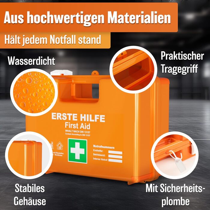 Аптечка HELDENWERK за новим стандартом DIN 131572021 з настінним кріпленням та наклейкамиУніверсальна аптечка для бізнесу, домогос