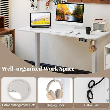 Електричний стіл LIFEZEAL для роботи сидячи та стоячи, регульований по висоті, з тримачем для навушників та органайзером для кабелів, ергономічний стіл з функцією пам&39яті для домашнього офісу, білий