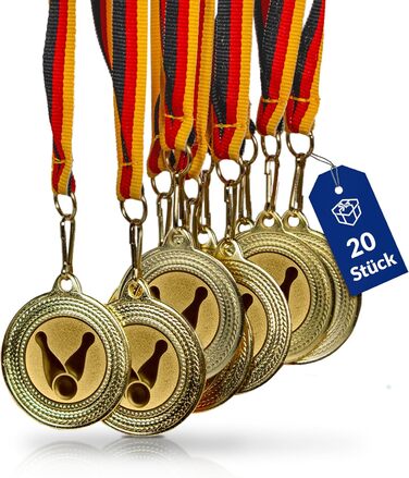 Металеві медалі для боулінгу (20 шт., чорно-червоно-золота стрічка)