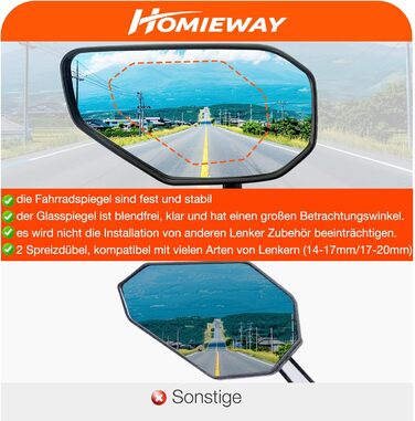 Велосипедні дзеркала, 2 шт., велосипедні дзеркала заднього виду для керма, велосипедні дзеркала зі скляними лінзами, стійкі до подряпин, великі велосипедні дзеркала заднього виду, дзеркала на торці керма для електровелосипедів, ліве та праве (14-20 мм), п