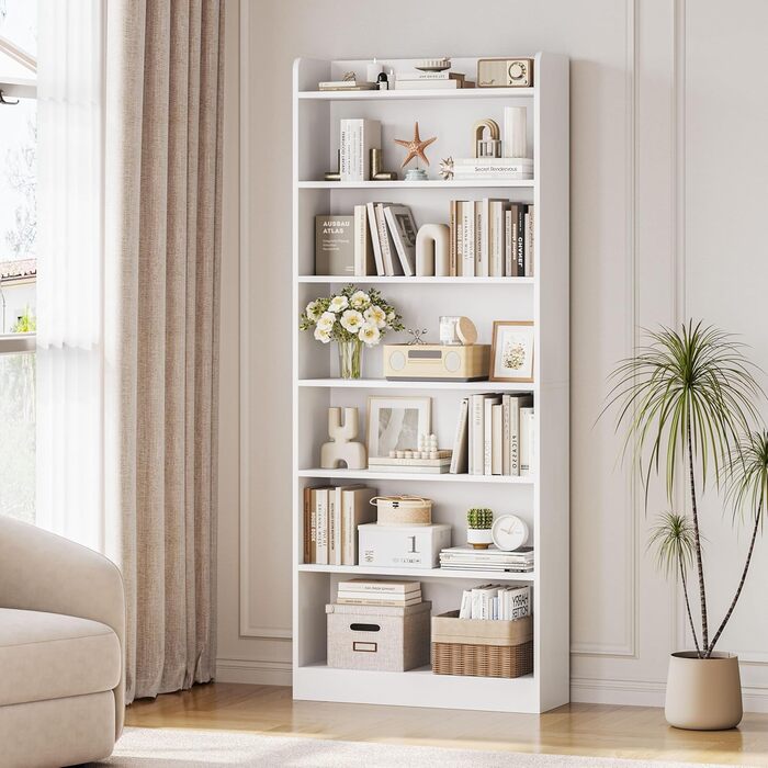 Книжкова полиця Yaheetech, 7-секційна книжкова шафа з регульованою полицею, окремостояча полиця 180,5 см В, відкрита полиця для зберігання речей для вітальні/домашнього офісу/кабінету (біла, 60x24x180,5 см) Біла 60x24x180,5 см