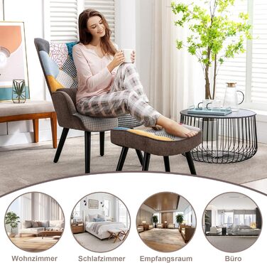 Крісло-відкидка з пуфом, крісло в стилі печворк, дерев&39яне крісло, сучасне крісло-підголовок для вітальні з ніжками з масиву дерева, крісло під телевізор, лляне крісло для відпочинку, коричневе крісло