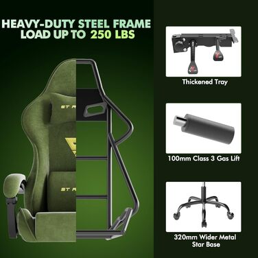 Ігрове крісло, Дихаюче та ергономічне офісне крісло з мікрофібри велюру, Комп&39ютерне крісло з регульованим підголівником та поперековою подушкою, підлокітниками, підставкою для ніг (зелене) Зелений LW200