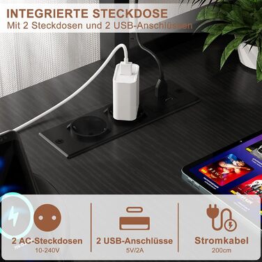 Ігровий стіл з полицею, комп&39ютерний стіл 47 дюймів зі світлодіодним підсвічуванням та розетками, стіл для домашнього офісу з двосторонніми 5-ярусними відділеннями для зберігання та підставкою для монітора, чорний, 120 см.