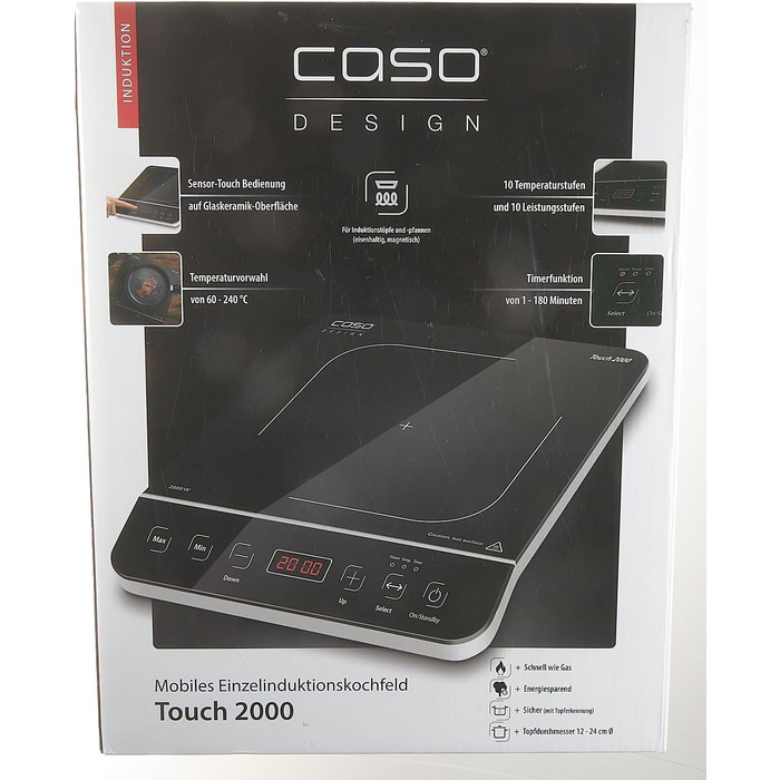 Одна індукційна варильна поверхня, 2000 Вт, автоматичне визначення горщика, 10 рівнів температури, 10 рівнів потужності, таймер до 180 хв, склокерамічна поверхня, температура приблизно 60 240 C Одинарна індукція Чорний, Сріблястий, 2000 -