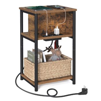 Приставний столик VASAGLE, тумбочка з розеткою, вузька, 2 розетки змінного струму, 2 порти USB, 30 x 34 x 58 см, для вітальні, спальні, вінтажний коричнево-чорний LET375B01 Рустикальний коричневий чорний