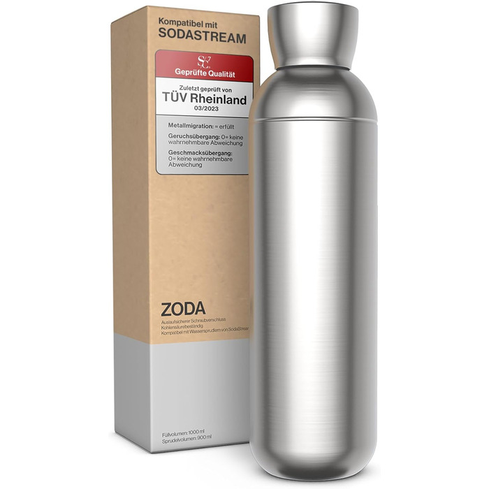 Пляшка для води SC7 ZODA з нержавіючої сталі 1 л Сумісна з Sodastream DUO, TERRA, EASY, ART, ONE, TOUCH, POWER, можна мити в посудомийній машині, змінна пляшка для виробника газованої води