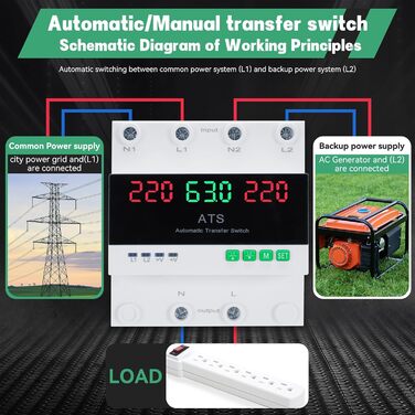 Автоматичний та ручний вимикач живлення 63A 220V з цифровим дисплеєм, регульованим значенням, подвійним вимикачем живлення ATS для аварійних пристроїв, інструкцією з монтажу DIN