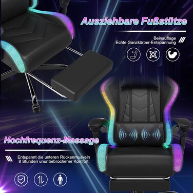 Геймерське крісло Devoko LED ергономічне офісне крісло з функцією масажу та телескопічною підставкою для ніг, регульована спинка (90-135), для геймерів вагою до 150 кг, дизайн, що не турбує очі, насичений чорний колір
