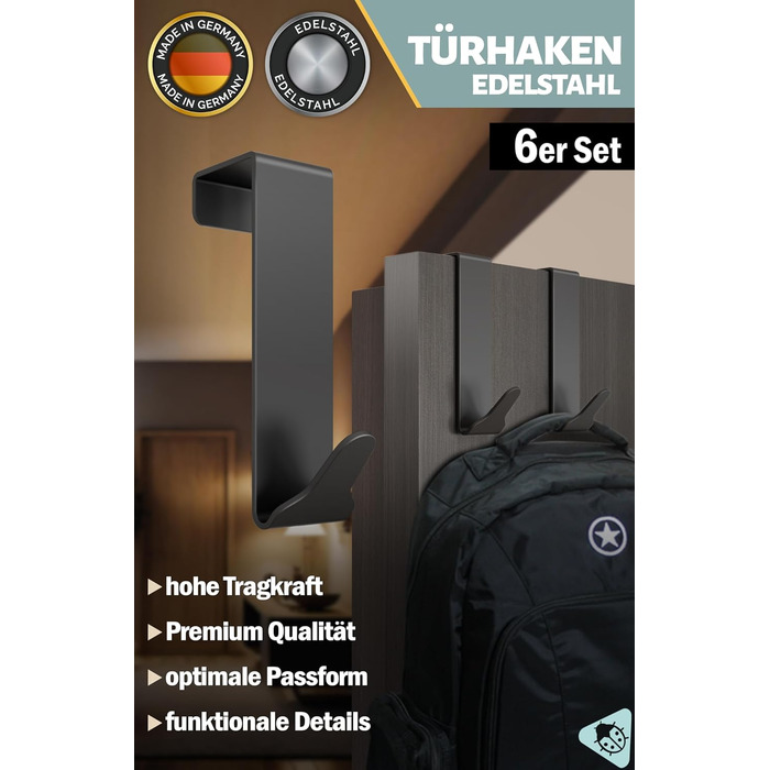 Дверні гачки Menz Premium в комплекті з 6 шт. - Чорні дверні гачки для підвішування з високою несучою здатністю - Функціональні дв