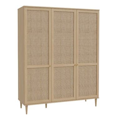 Шафа 165, Шафа в стилі бохо з 3 дверима, вішалка для одягу, полиці, інженерна деревина, декор дуба Elegancia/технораттан, 165 см завширшки x 208 см заввишки x 52 см завглибшки, 3-дверна шафа