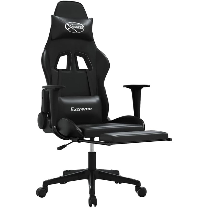 Геймерське крісло з підставкою для ніг, чорна штучна шкіра, регульована спинка та висота, поворот на 360 градусів, міцний металевий каркас, ергономічне положення сидіння, довговічне