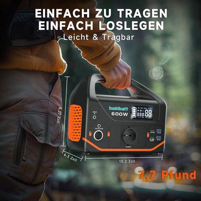 Портативна електростанція, електростанція потужністю 600 Вт 293 Втгод (пікова потужність 1200 Вт), тихий генератор PD 100 Вт для кемпінгу, подорожей, резервного виживання, CPAP, використання на свіжому повітрі, надзвичайних ситуацій, вихід змінного струму