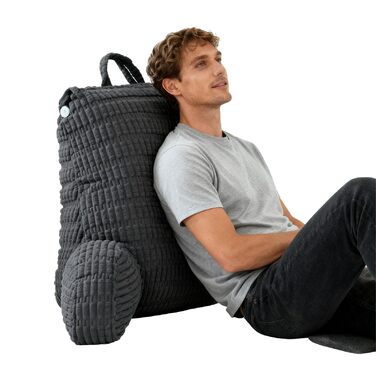 Подушка для читання зі спинкою, зручна спинка з підлокітниками, знімна для дорослих з кишенями для ліжка та дивана, для телевізора, мобільних телефонів (темно-сіра)