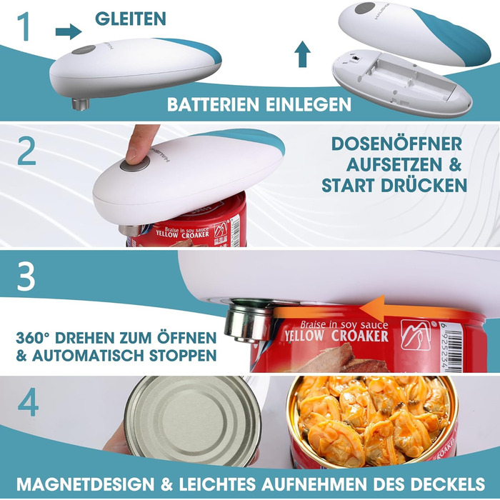 Електричний консервний нож HAUSHOF, відкривачка для банок одним дотиком, автоматичне обертання на 360 і автоматична зупинка, кухонні гаджети для шеф-кухарів, літніх, дітей та травмованих, з 4 батарейками типу АА, синій