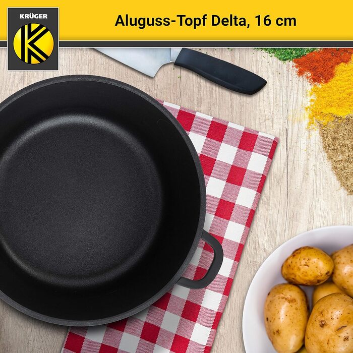 Лита алюмінієва каструля Krger Delta зі скляною кришкою - 16 см - каструля для приготування здорових та нежирних страв - підходить